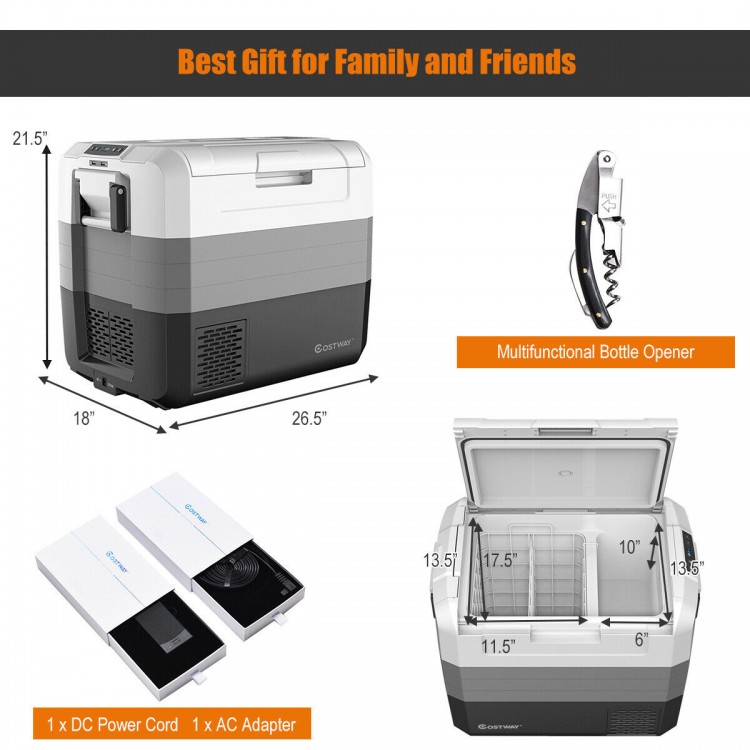 Portable electric car camping cooler with 70 quart capacity, side storage box for accessories, and easy-drain cleaning.