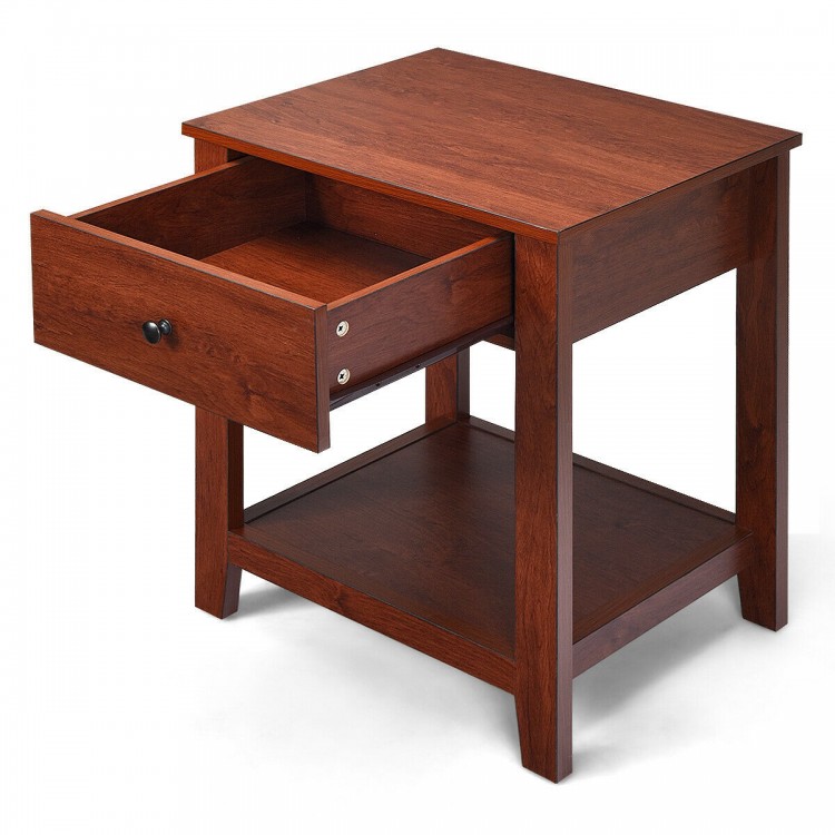 Single nightstand with drawer and open shelf, made of particleboard, perfect for bedroom or living room storage.