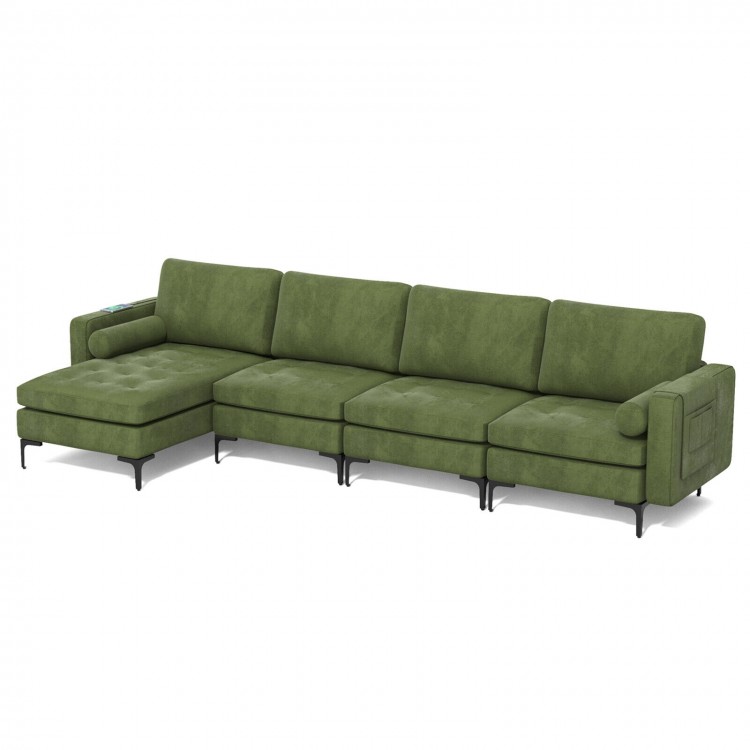 Side view of the army green modular sectional sofa with reversible chaise, featuring soft back pillows and sturdy metal.