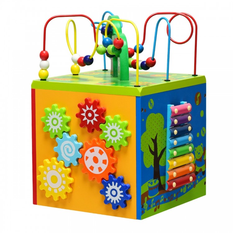 Colorful 5-in-1 wooden activity cube toy featuring bead maze, xylophone, and gears for early education and fun.