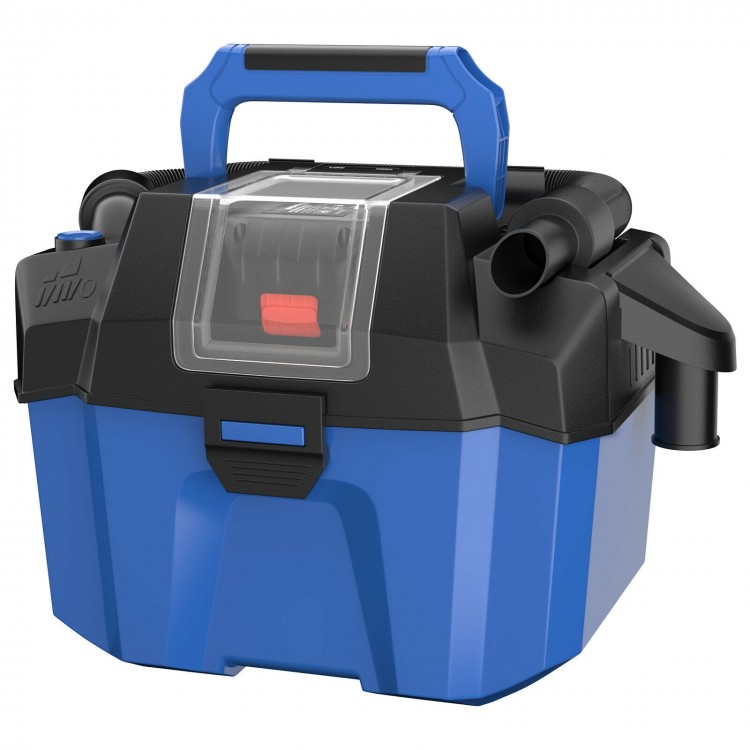 Cordless 18V wet-dry vacuum in blue with 2.7-gallon tank, ergonomic handle, and 3-in-1 multifunctional design for.