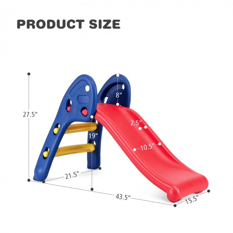 Children's folding plastic slide with easy climb steps, smooth red slide, and sturdy blue frame for ages 3-6.