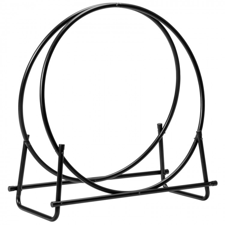 30-inch black powder-coated steel log hoop firewood storage rack with double-ring design for indoor and outdoor use.