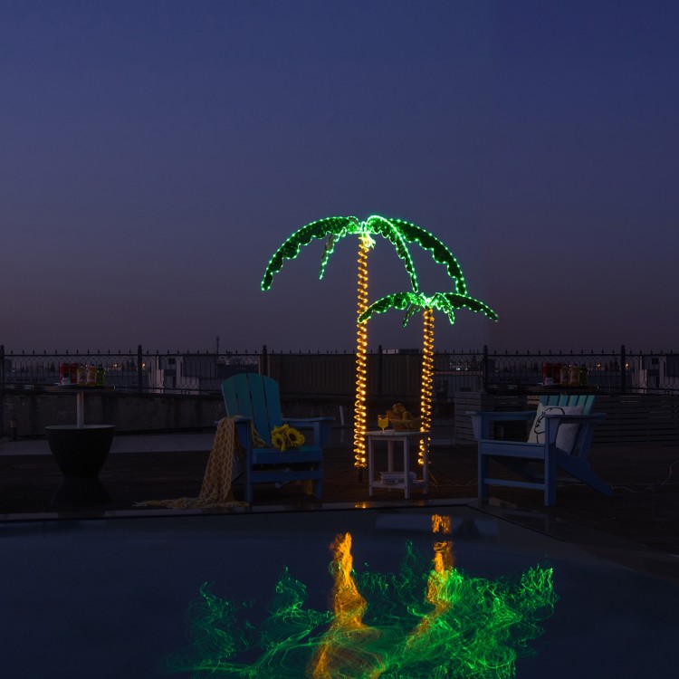 LED pre-lit palm tree decor with warm lights, perfect for indoor or outdoor use, enhancing festive atmospheres.