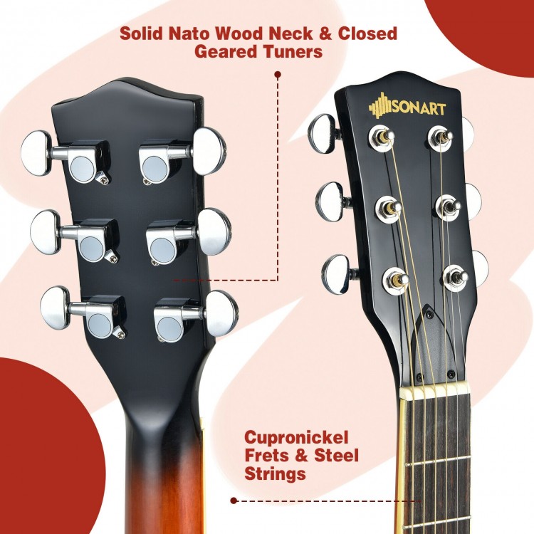 Close-up of the Sonart 39-inch banjo neck featuring solid Nato wood, cupronickel frets, and closed geared tuners.