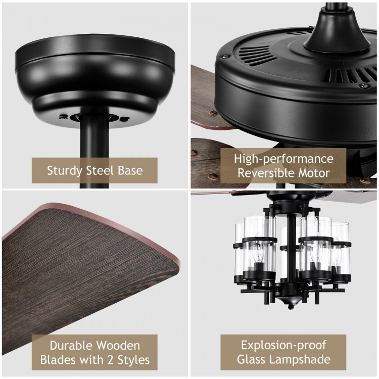 Close-up of the 50" ceiling fan with explosion-proof glass lampshades and sturdy steel base, perfect for home decor.