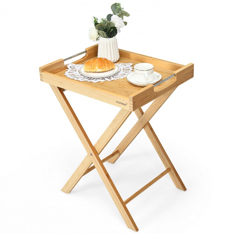 Bamboo lipped snack side table with removable tray, steel handles, perfect for serving food in small spaces.
