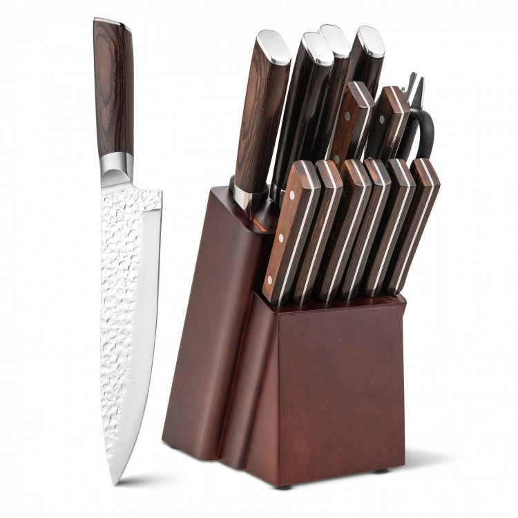 15-piece stainless steel knife block set with ergonomic hardwood handles and hammered blades for efficient kitchen prep.