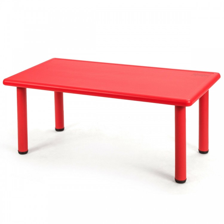 Red kids' plastic rectangular table for daycares and preschools, weather-resistant and safe for indoor or outdoor use.
