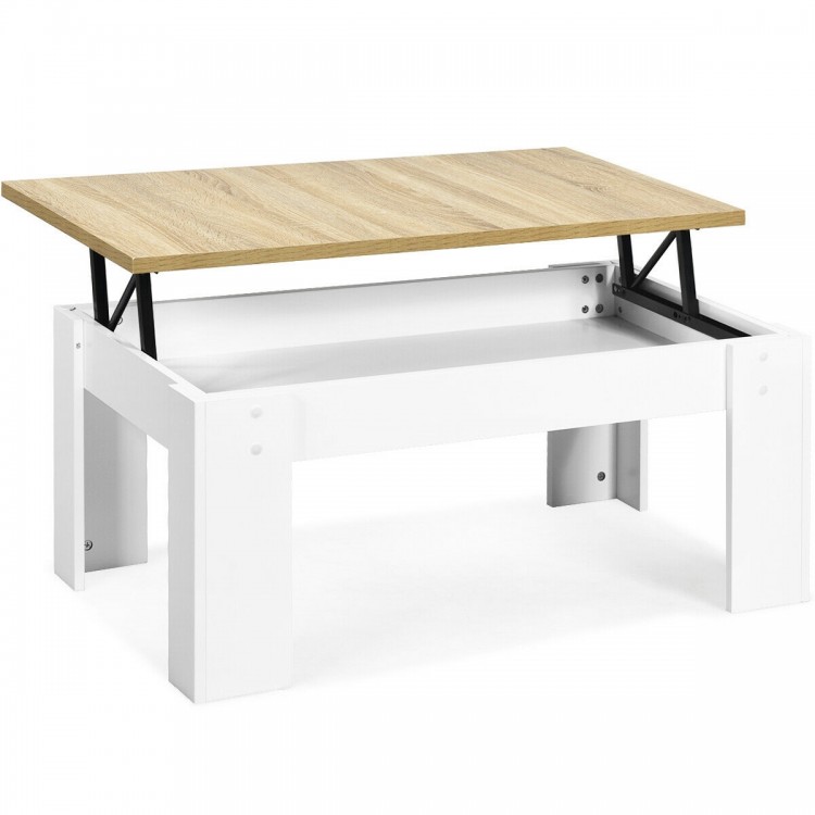 Lift top coffee table in white with oak surface, featuring a hidden storage compartment and adjustable height for.