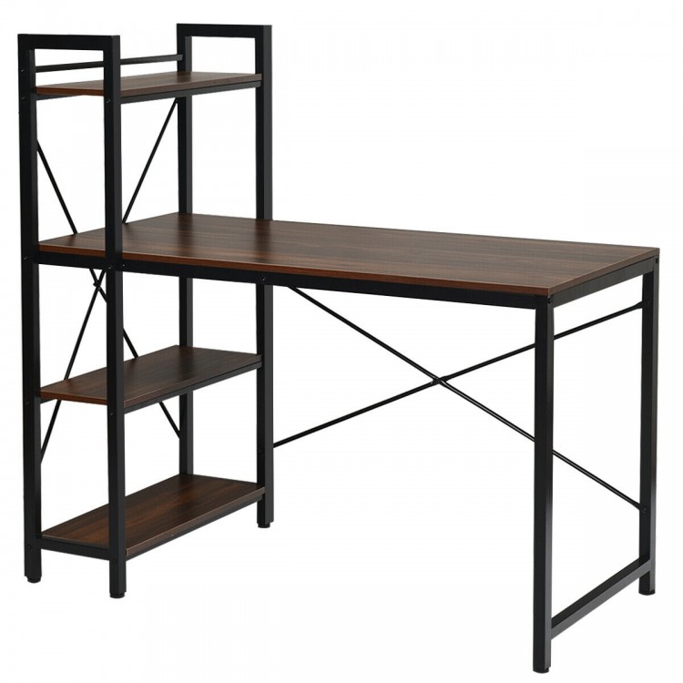 47.5-inch writing study computer desk with 4-tier shelves in tan, featuring an X-shape frame for stability and.