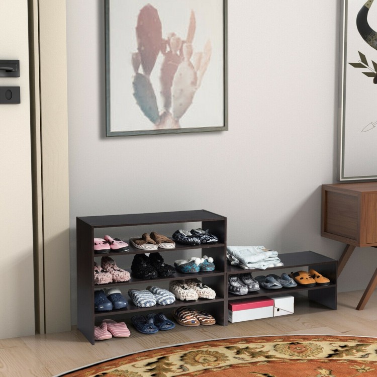Stackable 31-inch brown shoe rack with multiple shelves, ideal for organizing shoes in home or office spaces.