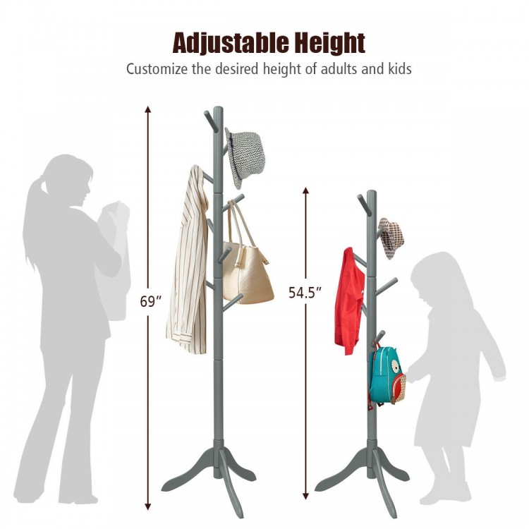 Adjustable gray wooden coat rack with 8 hooks, featuring a tri-legged base for stability, suitable for home and office.