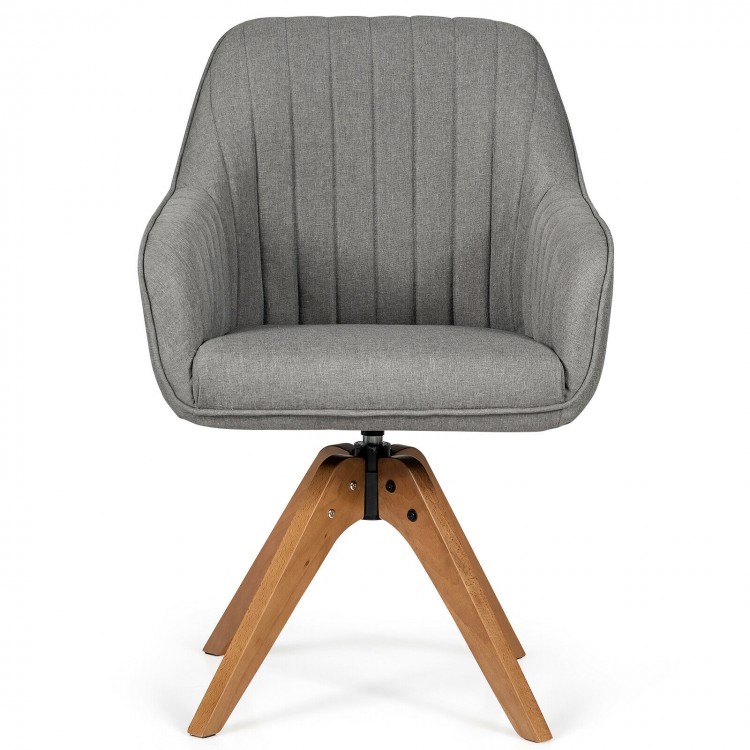 Gray fabric swivel accent chair with beech wood legs, featuring a curved back and non-slip foot pads for versatile use.