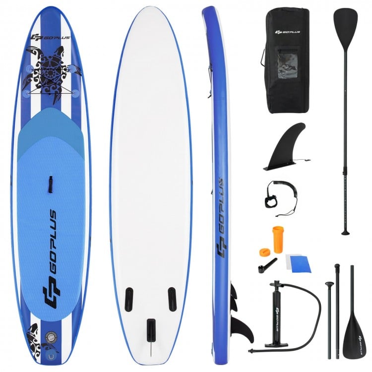 11-foot inflatable paddle board with adjustable paddle, fins, and carrying bag, ideal for water activities and.