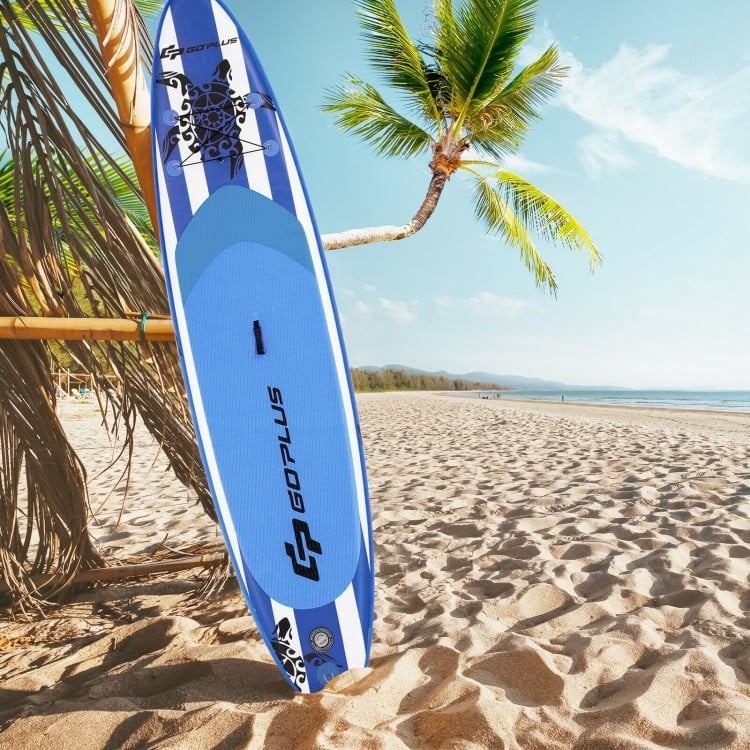 Inflatable 11-foot paddle board in blue with non-slip deck, ideal for water activities like yoga and fishing.