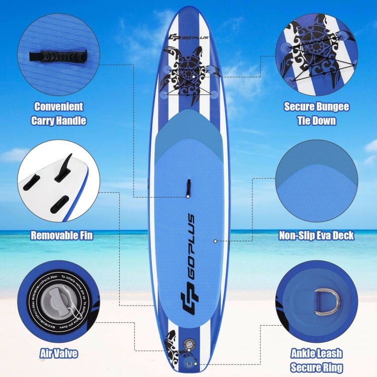 Inflatable paddle board with non-slip EVA deck, removable fins, and carry handle, perfect for water activities and.