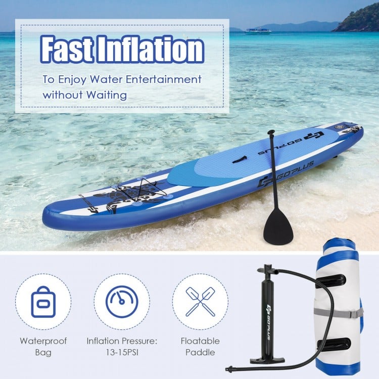 Inflatable 11-foot paddle board in blue with adjustable paddle, ideal for water activities like yoga and fishing.