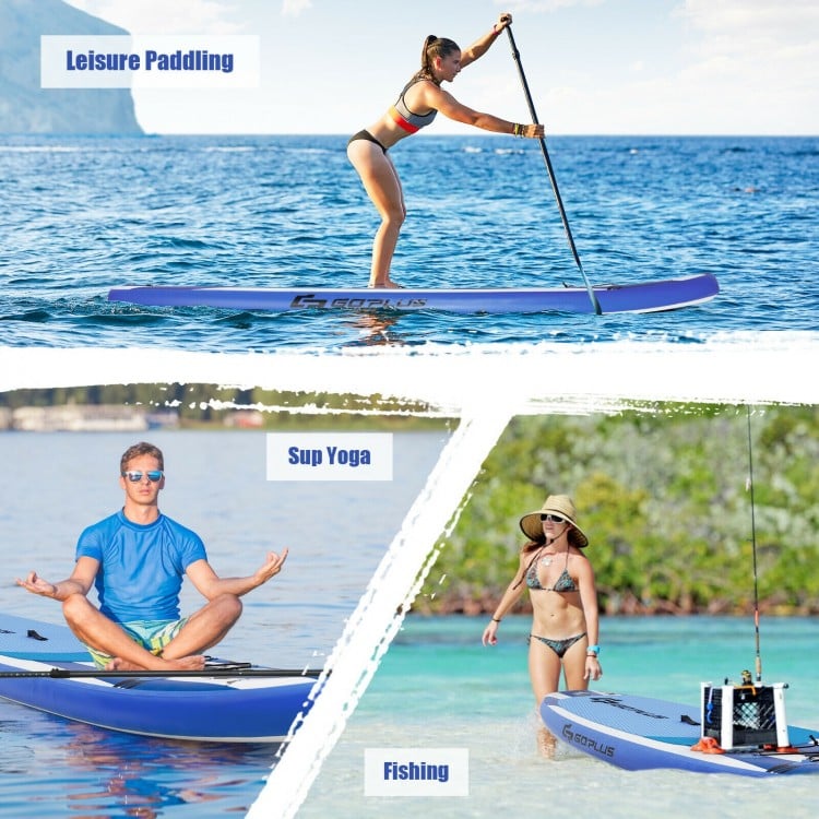Inflatable paddle board in blue for water activities like yoga, fishing, and sunbathing, featuring a non-slip deck.