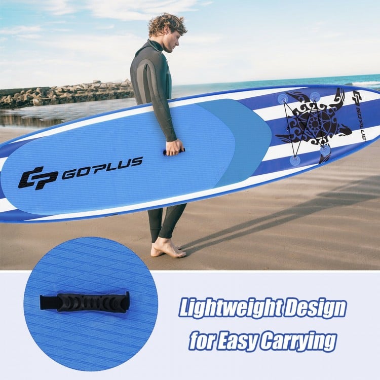 Inflatable 11 feet paddle board in blue with lightweight design, ideal for water activities like yoga and fishing.