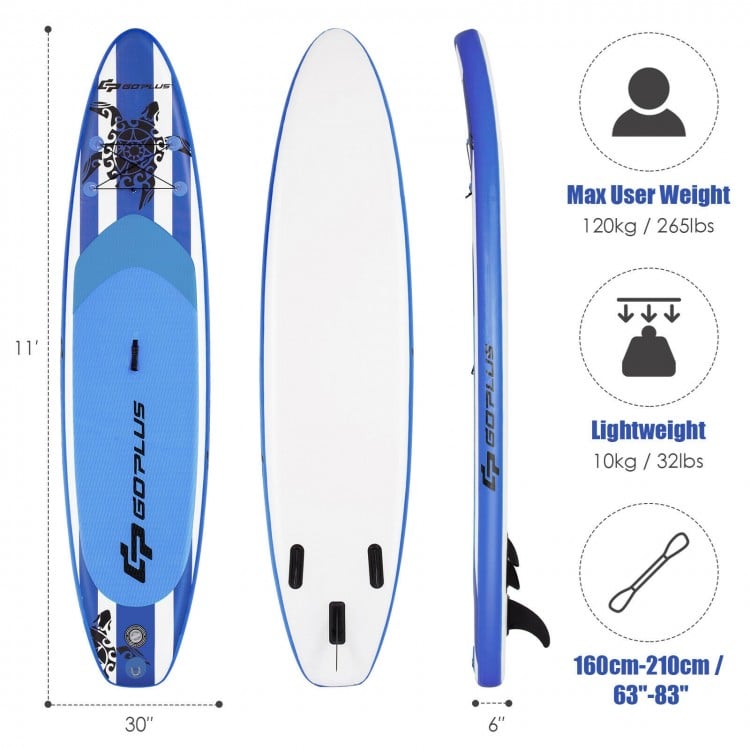 11-foot inflatable paddle board in blue, featuring a non-slip deck and removable fins for stable water activities.
