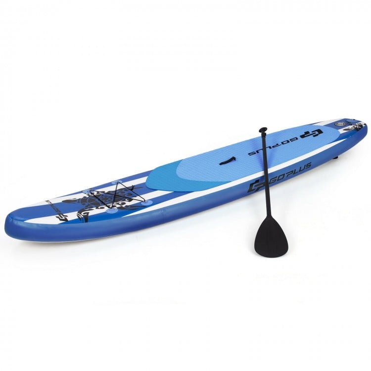 11-foot inflatable paddle board in blue with adjustable paddle, ideal for water activities like yoga and fishing.