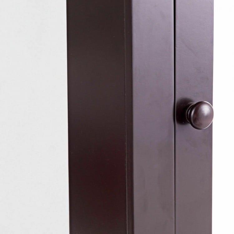 Close-up of the brown wall-mounted mirror cabinet with a magnetic lock, ideal for bathroom storage and organization.