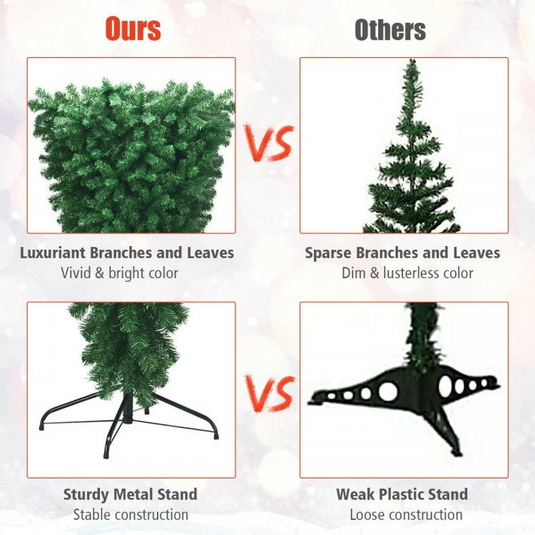 Upside down 7 feet artificial Christmas tree with 1000 branch tips and sturdy metal stand for creative holiday decor.