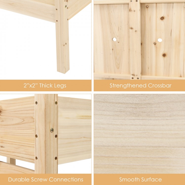 Close-up of the 2"x2" thick legs and durable screw connections of the 2 Tier Wooden Elevated Planter Box for stability.