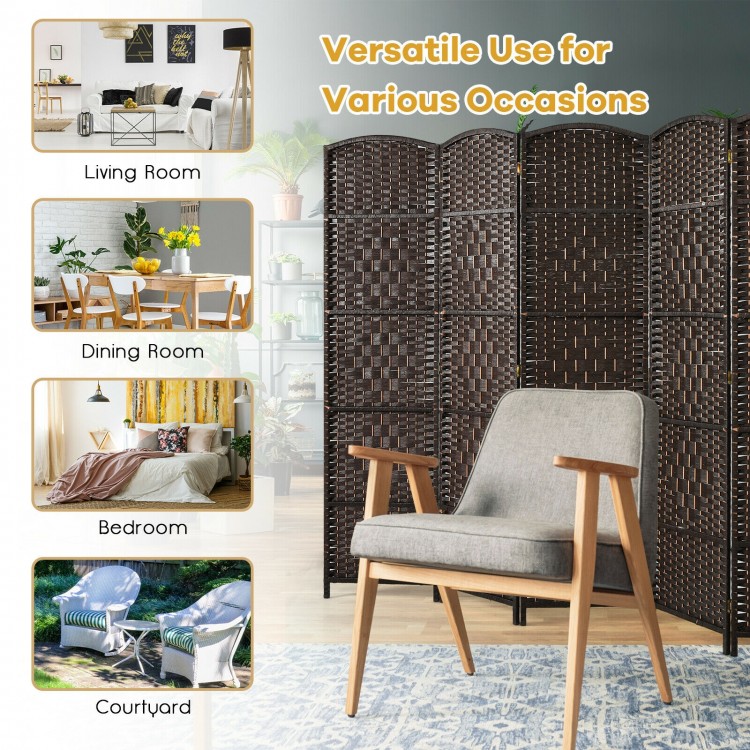 Brown 6-panel weave folding room divider screen made of handwoven fiber rattan for versatile use in any decor.