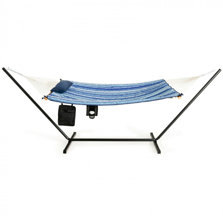 Hammock chair stand set with blue cotton fabric, pillow, and cup holder, perfect for indoor or outdoor relaxation.