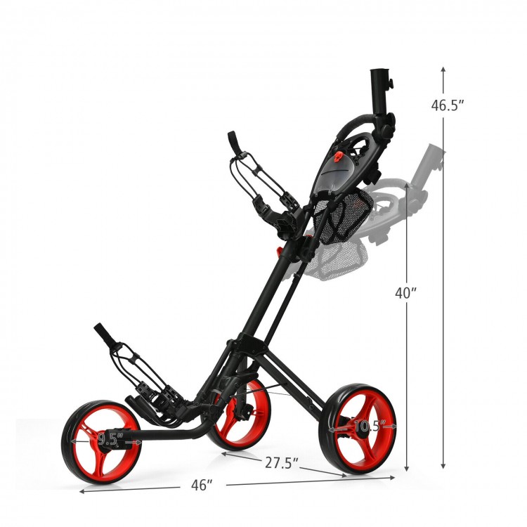 Folding 3 wheels golf push cart with adjustable handle, lightweight aluminum frame, and large wheels for easy.