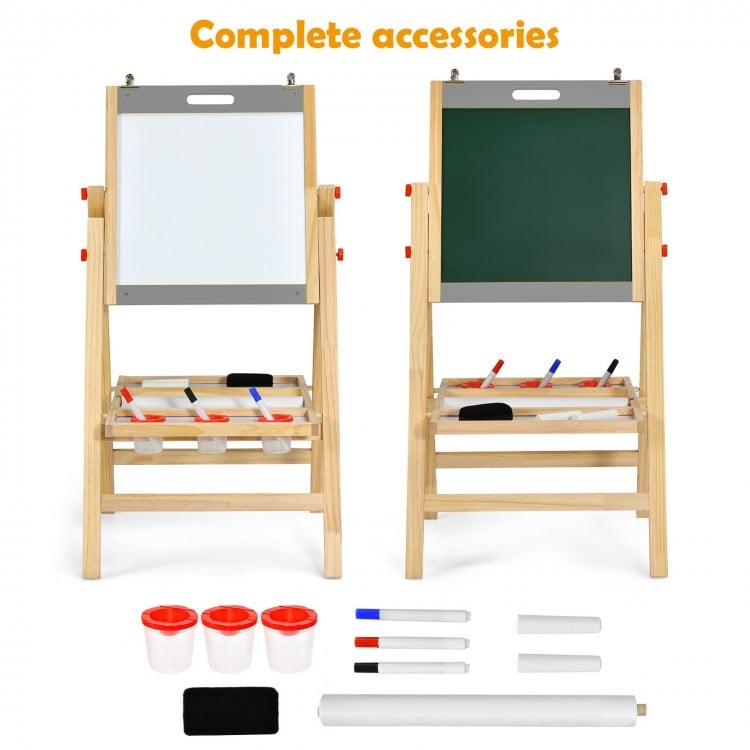 Kids art easel with double-sided chalkboard and whiteboard, featuring adjustable height and storage for art supplies.