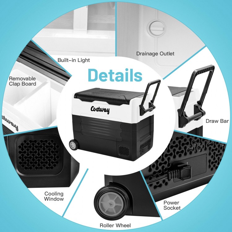 Portable 58-quart car refrigerator with wheels, LED panel, and dual-zone design for camping and outdoor activities.