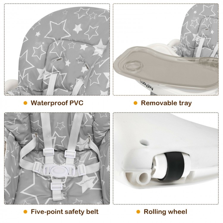 Folding baby high dining chair in gray with waterproof PVC, removable tray, and five-point safety belt for secure.