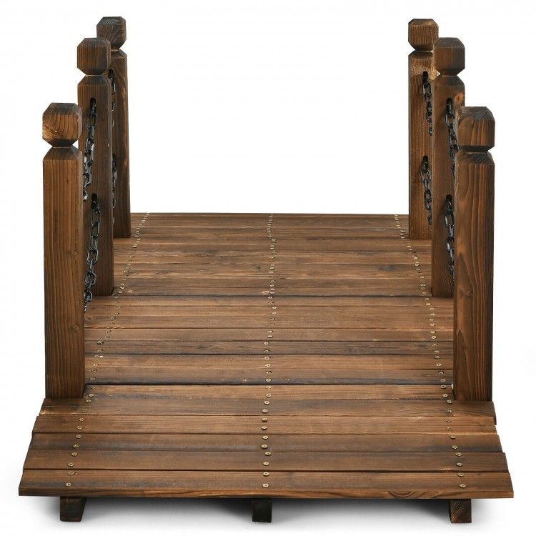 5 feet wooden garden bridge with stained finish, featuring safety rails and durable chain railings for outdoor decor.