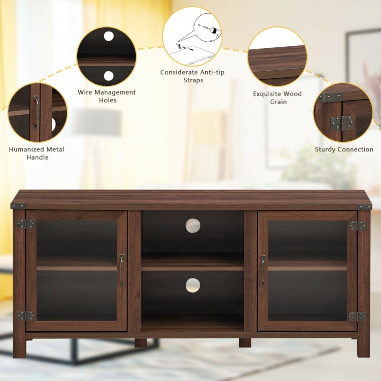 Walnut TV stand with tempered glass doors, 2-tier shelves, and wire management holes for organized entertainment.