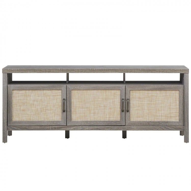 Gray TV stand with solid wood legs and rattan cabinet doors, featuring adjustable shelves for versatile storage options.