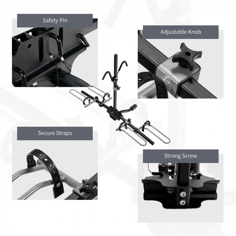 Close-up of the adjustable knob and safety pin on the 2-bike hitch mount bike rack for secure bike transportation.