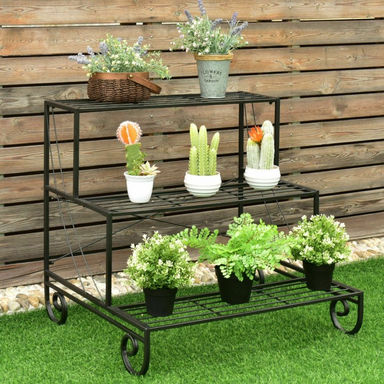 Three-tier outdoor metal garden planter holder shelf in black, featuring a step design for an appealing plant display.