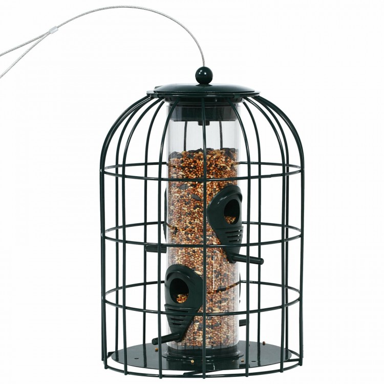 Squirrel-proof caged tube wild bird feeder with transparent PC tube and four feeding ports for outdoor use.