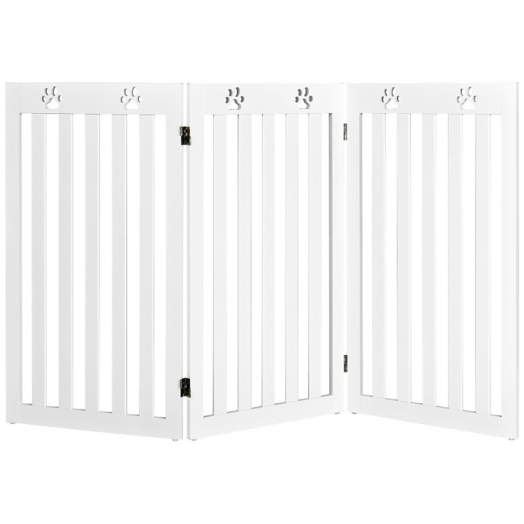 White wooden freestanding pet gate with paw print accents, 36 inches high, designed for flexible placement and easy.
