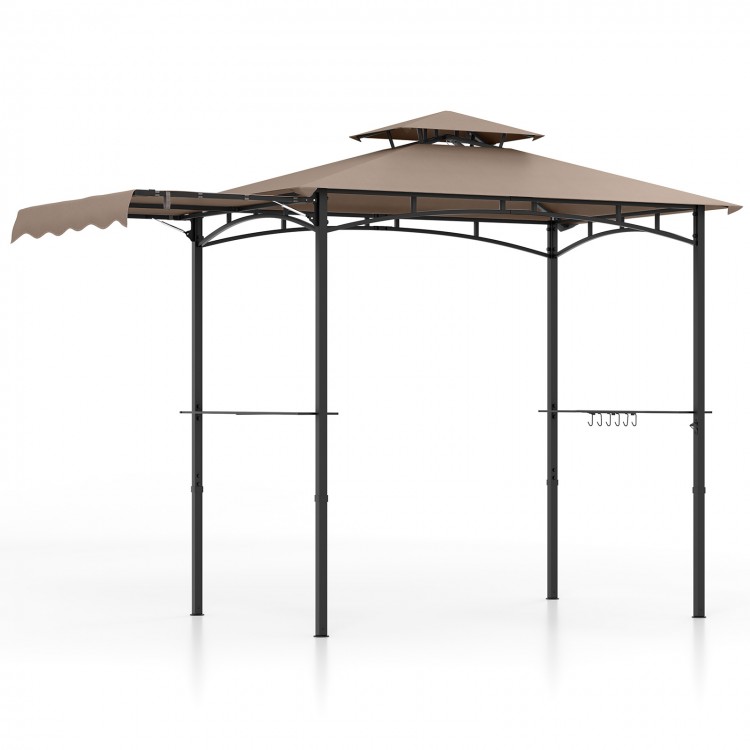11 x 5 FT brown grill gazebo with side awning, double-tiered top, and storage shelves for outdoor gatherings.