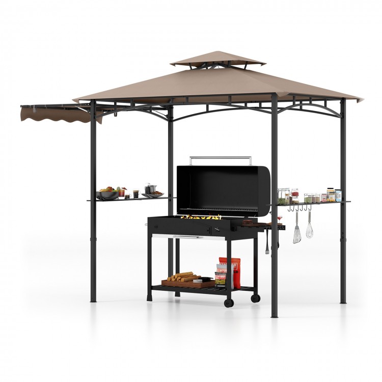 Grill gazebo with brown double-tiered top, side awning, and storage shelves for outdoor cooking and gatherings.