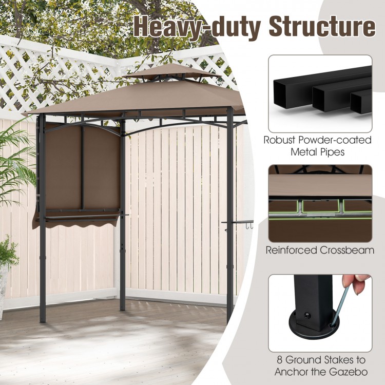 11 x 5 FT brown grill gazebo with side awning, featuring a sturdy metal frame and double-tiered top for enhanced.