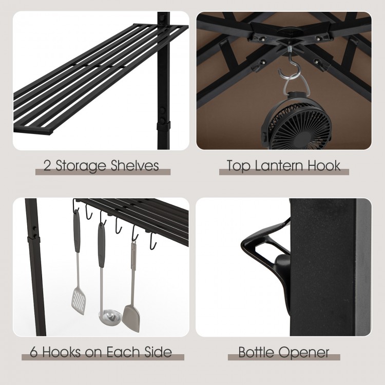 Storage shelves and hooks of the 11 x 5 FT Grill Gazebo, featuring a bottle opener and lantern hook for convenience.