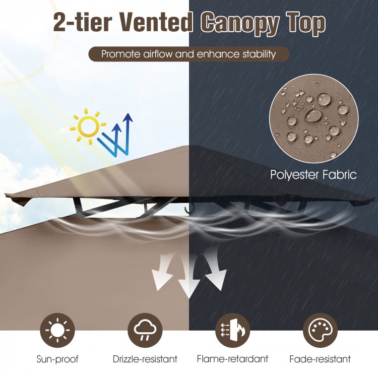 Vented double-tier canopy top in brown, made of drizzle-resistant polyester fabric, enhances airflow and stability.