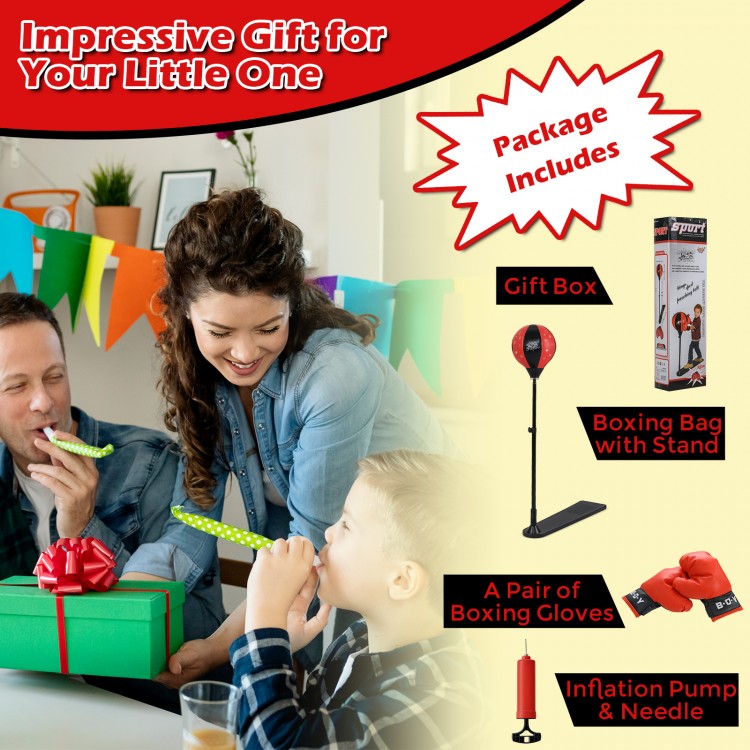 Kids punching bag with adjustable stand and gloves, designed for developing hand-eye coordination and confidence.