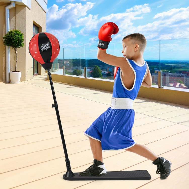 Kids punching bag with adjustable stand and gloves, designed for hand-eye coordination and confidence, perfect for.