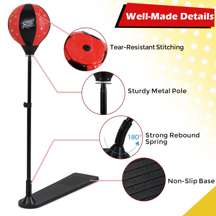 Kids punching bag with adjustable stand, red and black design, freestanding base for stability, promotes hand-eye.